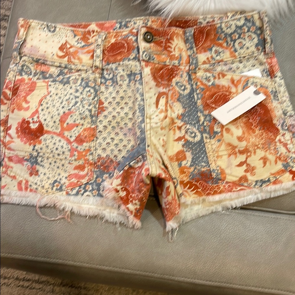 Anthropologie Red and Blue Jean Shorts with Distressed Hem